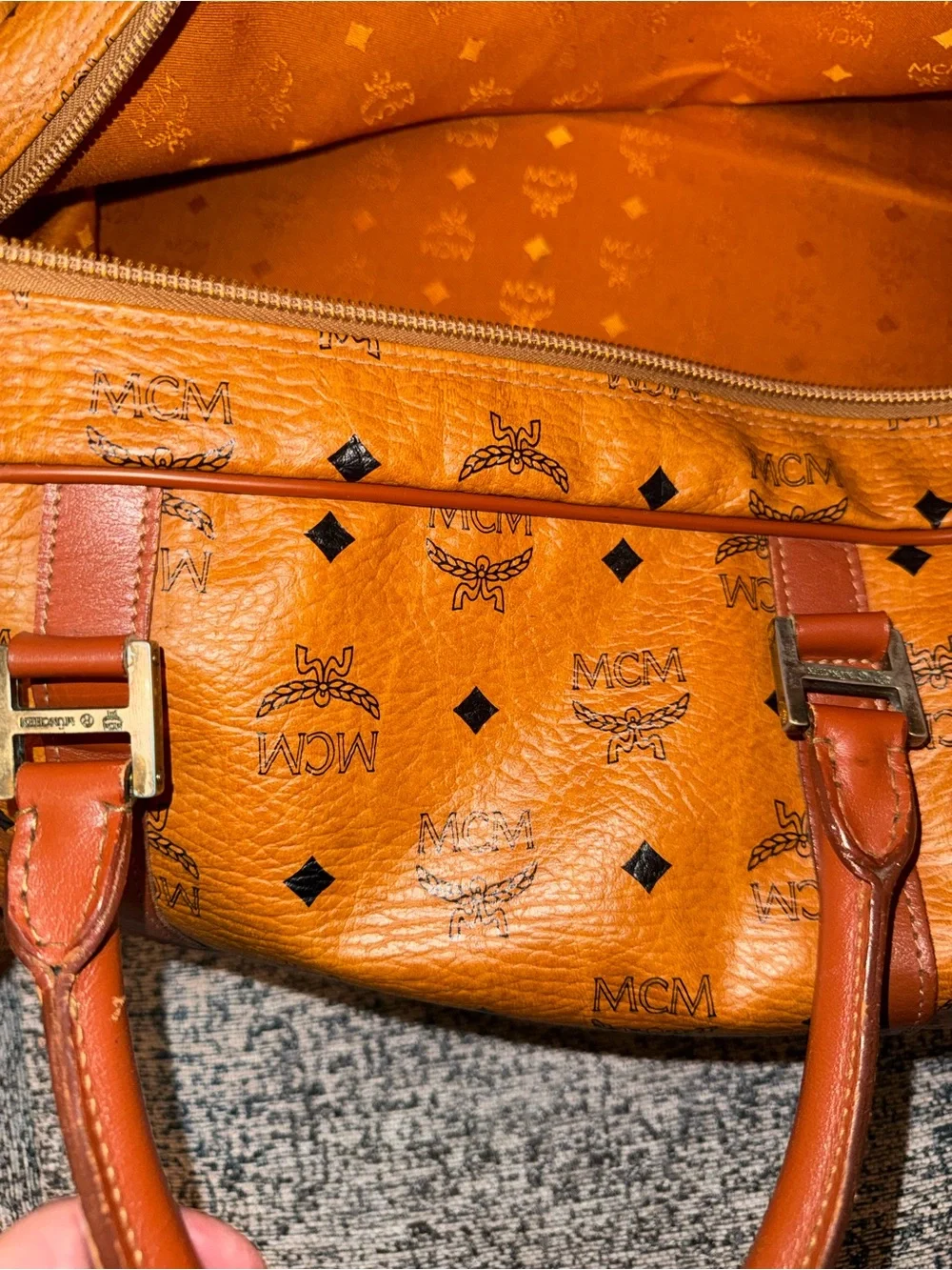 MCM Cognac Visetos Logo Duffel with Brown Leather Trim